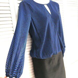Vince Camuto Long Sleeve blouse Royal Blue Black Stripe XS Semi Sheer